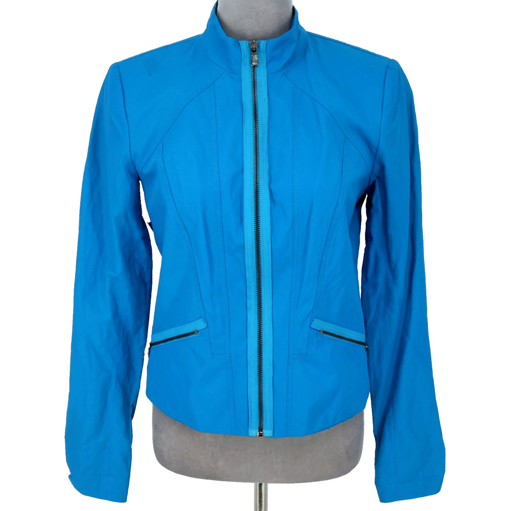 T Tahari Jacket Womens Small Blue Cotton Blend Full Zip Pockets Lined Career